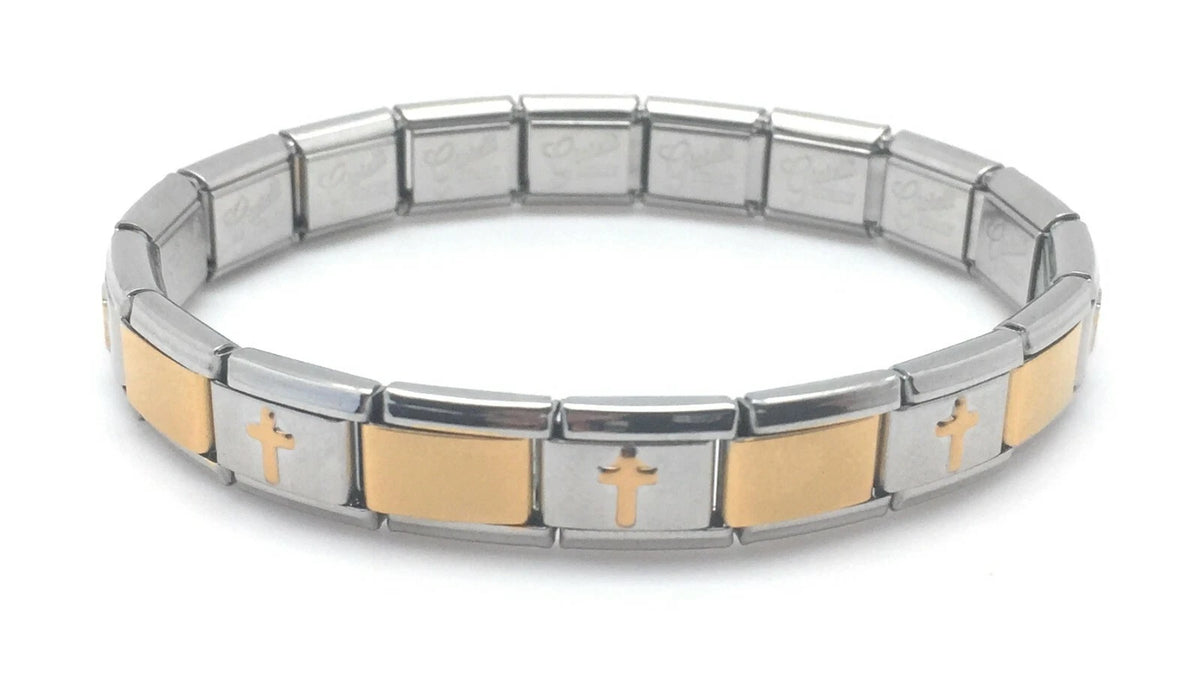 Gold Cross Accent Italian Charm Bracelet 9mm Stainless Steel