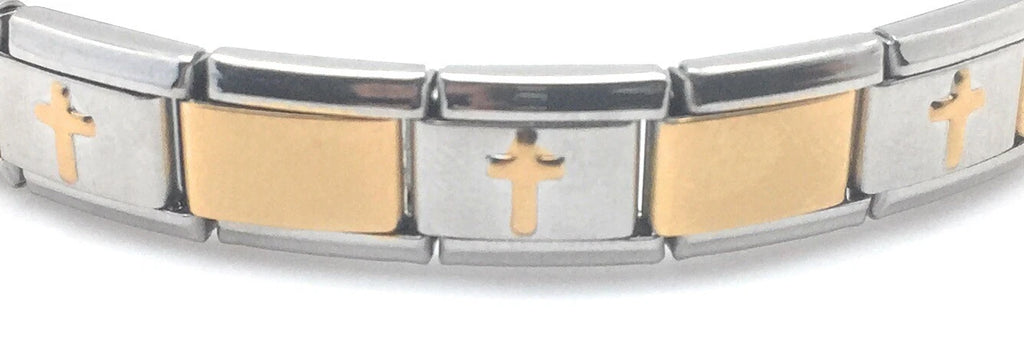 Gold Cross Accent Italian Charm Bracelet 9mm Stainless Steel