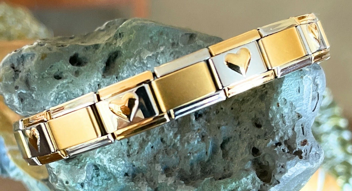 Gold Heart Accent Italian Charm Bracelet 9mm Stainless Steel